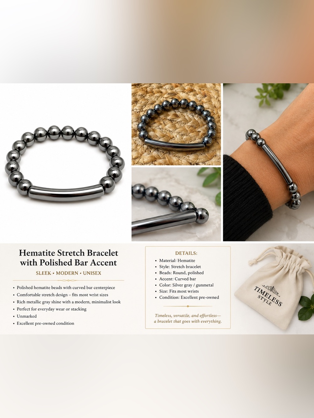Hematite Stretch Bracelet with Polished Bar Accent - Silver Gray